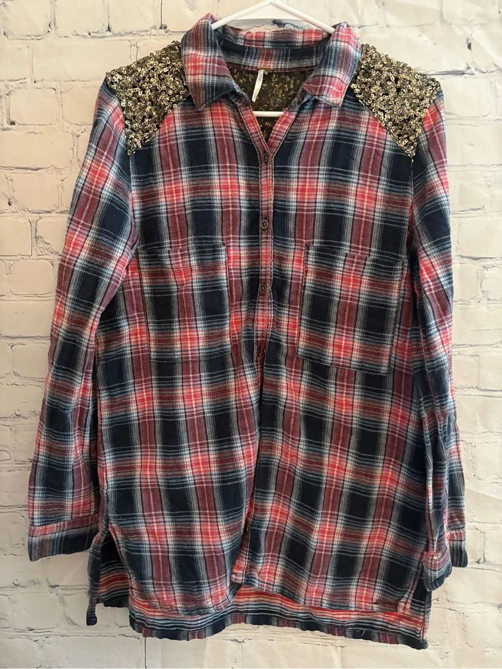 Free people plaid button down red white blue plaid gold sequins sz s